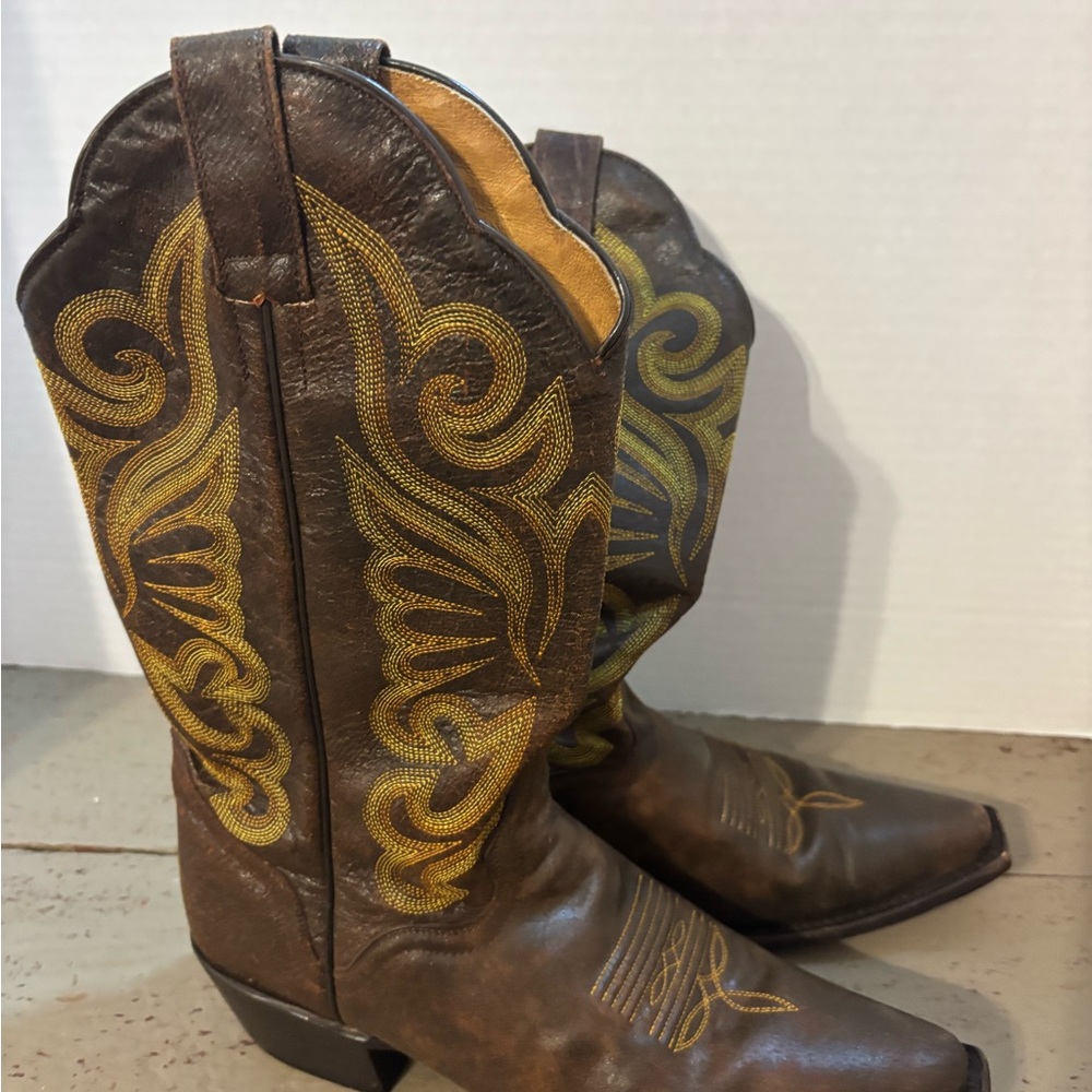 J.B. Dillon Brown Leather Cowboy Boots with Yellow Embroidery
